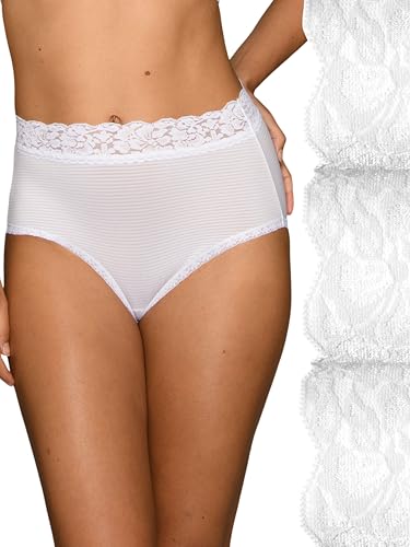 Vanity Fair Culotte Flatteuse en Dentelle pour Femme 13281, Slip – Lot de 3 – Blanc/Blanc/Blanc rayé, 34