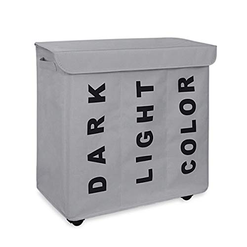 WOWLIVE 3 Section Laundry Hamper Lid Rolling Laundry Basket Wheels Laundry Sorter Removable Dividers Waterproo