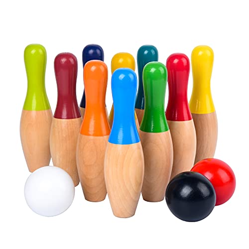 WODI Wood Bowling Backyard Games Wooden Pins Balls,and Mesh Carrying Bag Educational Games Indoor and Outdoor Toys Family Fun for Kids Toddlers and Adults