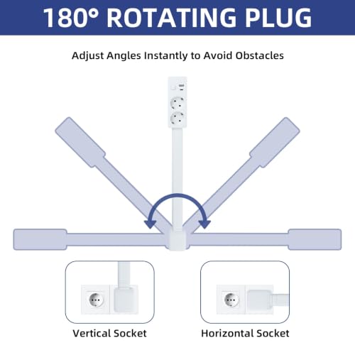 180° Swivel Extendable Power Strip 45-71 cm with 2 Outlets USB-A and USB-C, Extension Plug for Bedside, Desk, Sofa and Office