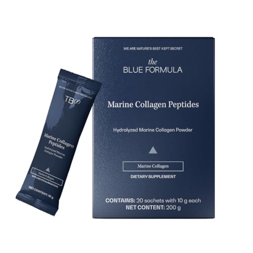 The Blue Formula Marine Collagen Peptides - Colágeno Marino Hidrolizado en Péptidos, Polvo Sin Sabor en Sobres Individuales, 10 g por Porción, Suplemento Alimenticio Diario - 20 Sobres, 200 g