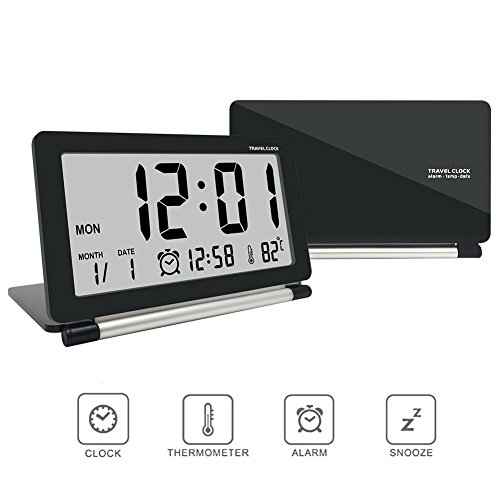 Travel Clock,Electronic Alarm Clock,Morning Clock,econoLED Portable Digital Clock with Calendar Date Time Calendar Temperature Display, Snooze, Folding Black - Battery Included - Thumbnail 6