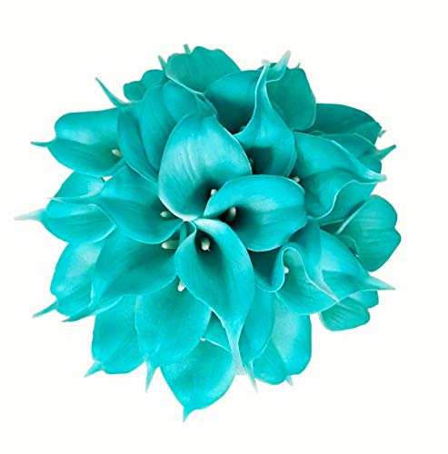 Floral Kingdom 18 PCS 14" Real Touch PU Latex Artificial Calla Lily Flowers for Wedding Bouquets, centerpieces, and Floral Decor (Tiffany Blue)
