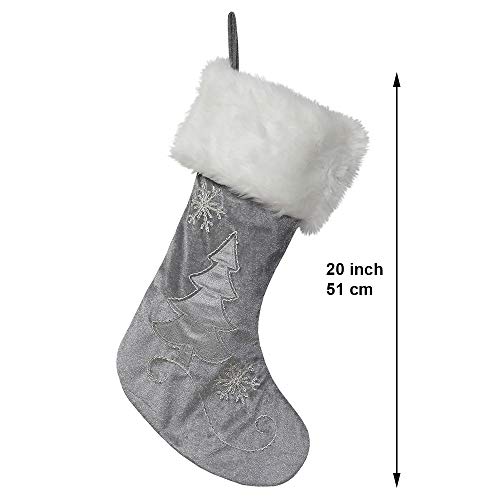Silver Velvet Christmas Stockings - 3-Pack of 20 inch Velvet Holiday Stockings with Festive Christmas Tree Applique and Beaded Snowflake Embroidery - Thumbnail 3
