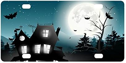 Happy Halloween Night Haunted House Bats Strong And Durable Aluminum Car Metal License Plate Frame for Women/Men Four Holes Tag 12" X 6"