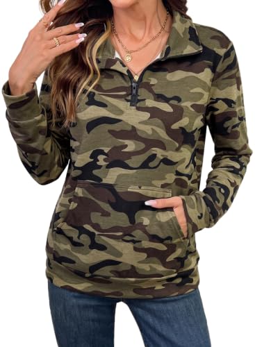 EVALESS Women's Camo Quarter Zip Pullover Sweatshirt Fall Outfits Green XXL at Amazon