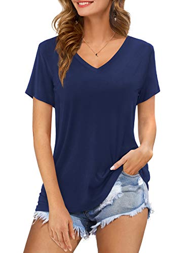 Amoretu Women's V-Neck Short Sleeve T-Shirt - Loose Fit, Soft Rayon, Summer Top (Blue, L) - View #5
