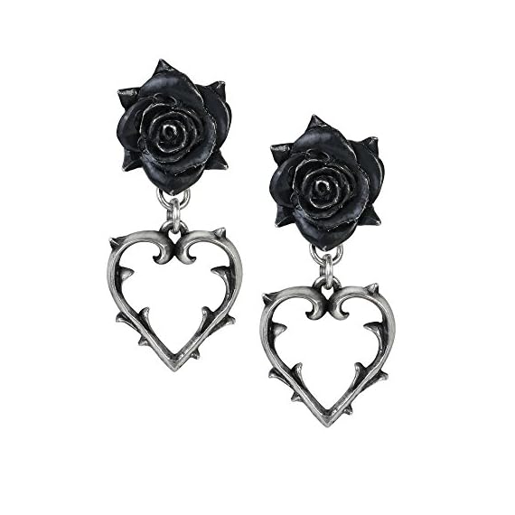 Alchemy-Gothic-Wounded-Love-Black-Rose-Thorned-Heart-Earrings