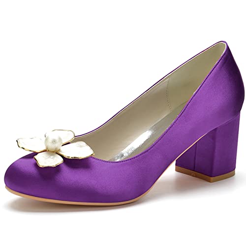 HYMYSUNY Women's Chunky Heel Wedding Shoes Satin Round Toe Bridal Party Court Shoes with Pearls,Dark Purple,10