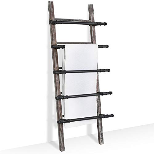MyGift Wood Blanket Towel Ladder, Industrial Black Metal Pipe and