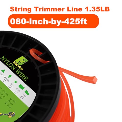 VIABRICO .080" Weed Eater String, Square Orange Heavy Duty String Trimmer Line, Weed Wacker String Universal Commercial Grade, Premium Nylon Weedeater Line 0.080" x 1.35LB, 425Foot