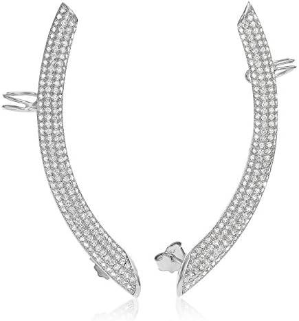 925 Sterling Silver Post Cubic Zircon Pave Ear Wrap Cuff Earrings (Natural Silver)