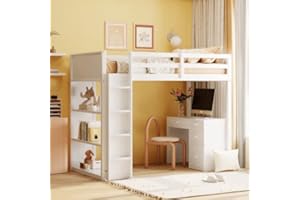 CITYLIGHT Kids Loft Bed with Desk and 4 Drawers, Twin Size Wooden Loft Bed Frame with 3 Open Shelves (Twin, White)