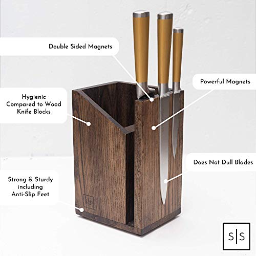 Magnetic Knife Holder and Utensil Caddy 2 in 1, Brown, Dual Purpose Design - Universal Knife Block without Knives and Wood Utensil Holder with a Farmhouse Utensil Holder Style