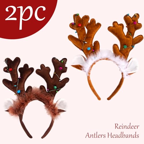 FUTUREPLUSX 2PCS Reindeer Antler Headbands, Christmas Reindeer Headband for Adults Kids Reindeer Ears Antler Hairband for Christmas Costume Party