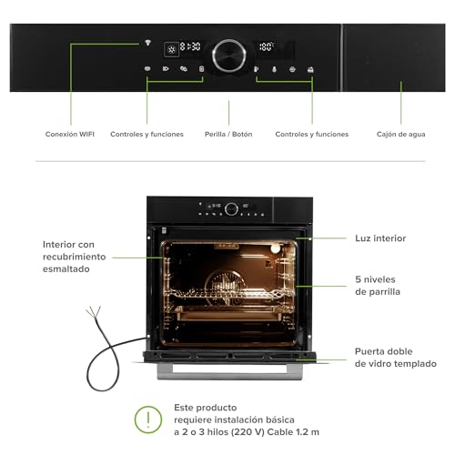 AVERA Horno eléctrico empotrable con vapor asistido 75 L, 220 V, 15 funciones integradas, Temperatura de hasta 250°, Temporizador con alarma, Panel digital, Control WIFI, Bloqueo infantil | HEL75V