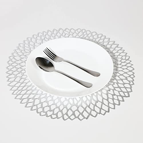 Set of 6, Silver Metallic Vinyl Round Placemats Laminated Plastic