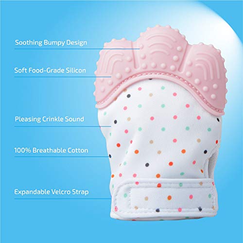 Prohapi Silicone Baby Teething Mitten, Self Soothing Teether & Teething Pain Relief Toy Glove Plus Hygienic Travel Storage Pouch - Natural Remedy for Infants & Toddlers 3-6 Months (Pink 2-Pack)