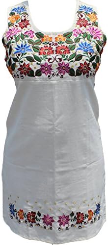 Mexican Flowers Women Dress Made in Yucatan White/Multicolored (Large)