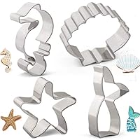 Sea Creature Mermaid Cookie Cutters Set Mould - 4 PCS - Mermaid Tail/Whale Tail, Seahorse, Starfish and Seashell Shape - Stainless Steel