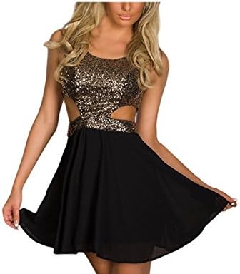 FASHION LOVER Women's Sleeveless Sequin Cutout Top Chiffon Skater Dress Size L Gold