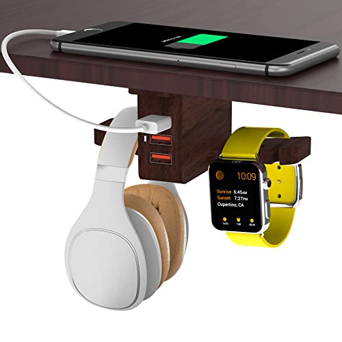 Charging Station Under Desk Headphone Hanger Walnut Wood Headphone