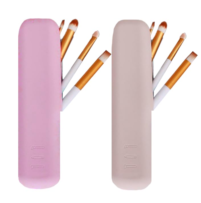 AYNKH 2PCS Silicone Makeup Brush Holder for Travel with Magnetic Closure Portable Makeup Brush Case Cosmetic Organisers Makeup Brush Box (Khaki and Pink)