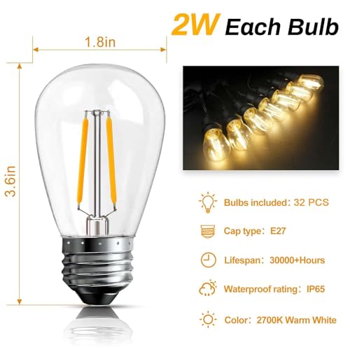 Spacelumen 98FT Outdoor String Lights Mains Powered, 32 Pcs 2W S14 LED E27 Screw Bulb, 2700K Warm White S14 Garden String Festoon Lights for Patio Party Wedding Yard Gazebo