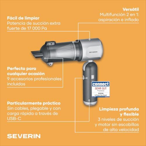 Aspirador de Mano 3 en 1,Potente Aspirador soplador de Aire e inflador, 120 W, 17000Pa, 3 Niveles, 240000rpm, S-Power Duoboost, Antracita, HV 7149