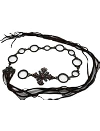 TFJ Women Fashion Metal Tie Belt Hip Waist Retro Charms Ethnic Brown Cross S M