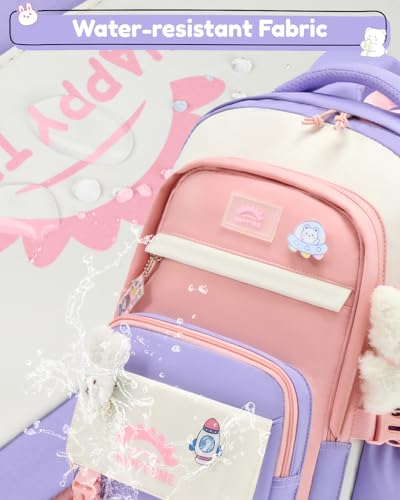 Tanou Girls' School Backpacks, 20 Litres Backpack for Girls from 8 to 12 Years | Lightweight and Waterproof Nylon Kawaii School Backpack with Pendant, Purple