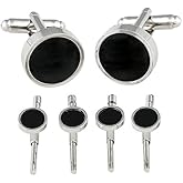 Mens Black Onyx Spring-Back Tuxedo Cufflinks Studs Formal Set with Presentation Gift Box