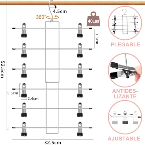 MCNVNZ Perchas para Falda con Pinzas, Paquete de 4 Ganchos Perchas para Pantalones Faldas Ropa, con Clip Antideslizantes Ahorra Espacio, Acero Inoxidable Color Plata, para Jeans,Faldas y Ropa Interior