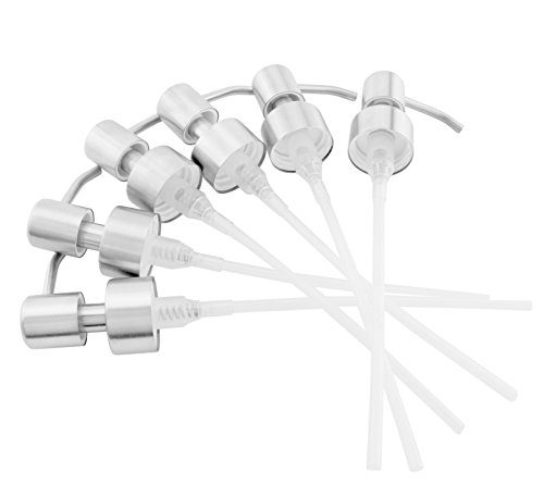 Stainless Steel Pump Dispenser Replacement Tops (6 pack); Silver-Colored Brushed Metal Soap/Lotion Pumps Fit Standard 8oz / 16oz Boston Round 28/400 Neck Bottles