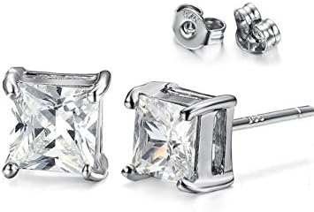 18k White Gold Plted CZ Cubic Zirconia Square Princess Cut Studs Earrings - Mens Womens Children Fashion Jewelry, Bridesmaid Groomsmen Gifts (6MM)