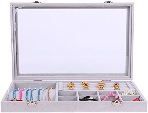 Novadeal Velvet Leather Anti-Static Multifunction Necklace Earring Jewelry Tray Box Glass Rings Pendant Storage Display Organiser - Grey