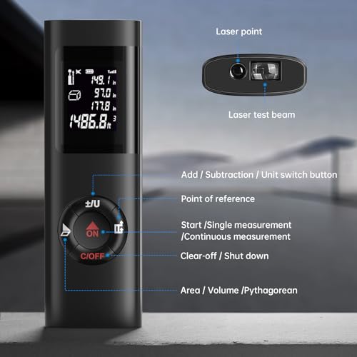 IPSXP 60M 196Ft USB Rechargeable Portable Mute Laser Meter with LCD Digital Backlit Display, Calculation of Distance, Area, Volume, Pythagoras, Addition and Subtraction