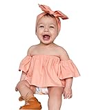 Cute Baby Girls Solid Off Shoulder Elastic Fashion Blouse + Bow Headband 2pcs (100cm (3-4T), Orange-pink)