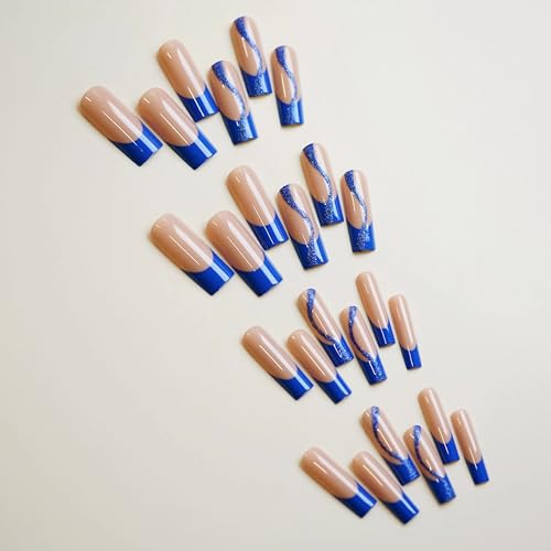 BABALAL Square Press on Nails Long Fake Nails Blue French Stick on Nails Glitter Swirl Acrylic Nails 24Pcs Squoval Shiny Manicure Artificial False Nails for Women and Girls - Image 3