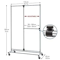 Tatkraft Marvel Heavy Duty Adjustable Clothes Rack on Wheels, Rolling Double Rod Garment Rack, Chromed Steel