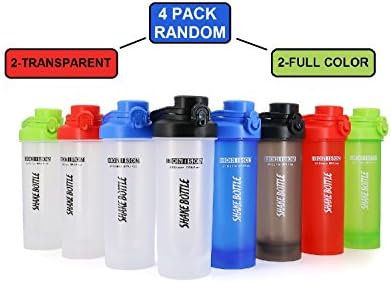 Hoople AUTOFLIP Shaker Bottle 4 Pack for Protein Mixes Cups Powder Blender Smoothie Shakes BPA Free Small Shake With Powerful Mixing Ball - 24 Ounce (Random Color 2 Transparent + 2 Full)