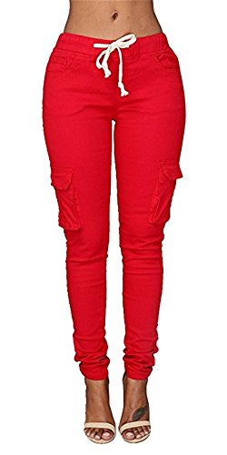Coutgo Womens Casual stretch drawstring skinny pants cargo jogger pants (M, red)
