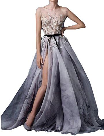 Dislax Cap Sleeve Appliques Split Evening Party Prom Gowns Grey US 4