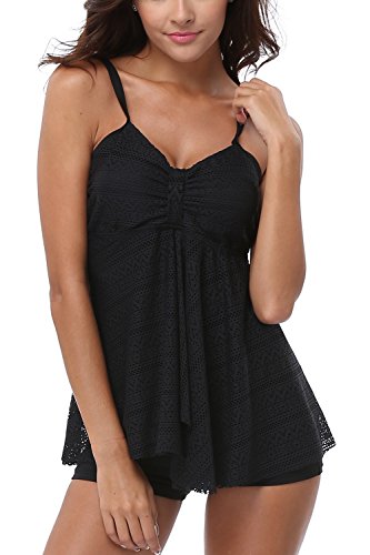 ALove Womens Tankini Swimsuits with Shorts Ladies Two Piece Swimwear Black 6-8