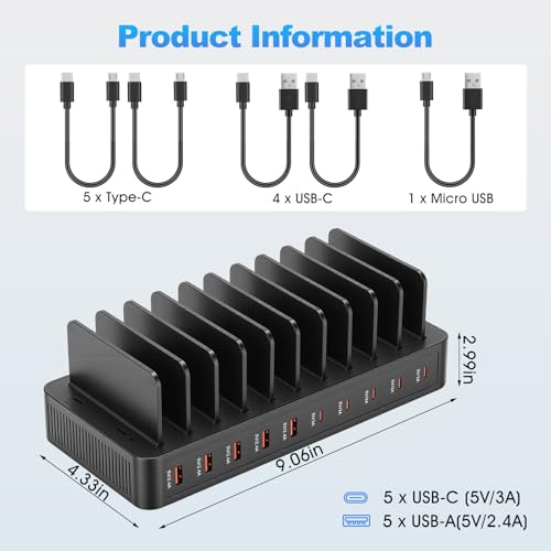 HISUEKIG USB Charging Dock, 10 Ports 15 W Charging Station with 10 Cables, Phone Charger Stand, Portable Phone Charging Station (Black)