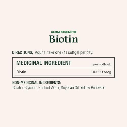 NATURE'S BOUNTY Biotin, Ultra Strength, 10,000 mcg, Promotes Hair Growth, Thicker Healthier Nails, Stronger Thicker Hair & Healthier Skin, Helps Metabolize Nutrients, Softgels, 55.4 g