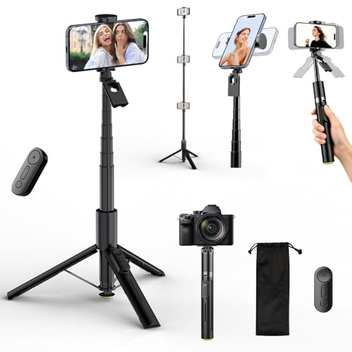 LEMONSEA Tripie para Celular 165cm, Tripode para Celular con Apertura Automática al Tocar el Suelo, Selfie Stick con Control Remoto Bluetooth, Altura Ajustable, Ideal para Fotografía y Vídeo de Viajes