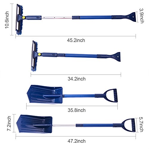 Jscarlife 47"-34"Portable Heavy Duty Snow Shovel Multi-function Car Brush and Ice Scraper with Foam Grip | Auto Snow Removal | Small Car Windshield | Lightweight Tough Durable - Thumbnail 2