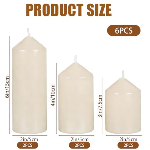 Ivory Pillar Candles Set of 6, Unscented Smokeless Candles with Cotton Wicks, Multi-Size 2"x3" 2"x4" 2"x6", Wax Candles Suitable for Ramadan, Home, Wedding, Festival & Table Decoration
