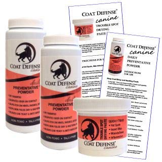 COAT DEFENSE Canine Bundle: 1 Trouble Spot Drying Paste + 2 Daily Preventative Powders + Instruction Card. Treat/Prevent Hot Spots, Wounds, Rashes, Ear Mites. Keep Coat Shiny and Smelling Fresh.